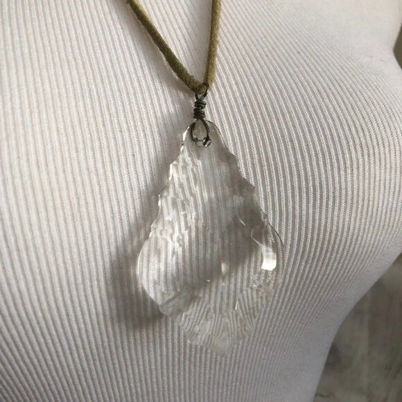 Faceted Clear Pendant on Tan Leather Necklace - Picture 3 of 10